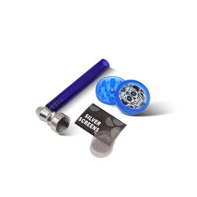 OLYMPUS® Skull Σετ Γυάλινη Πίπα Hemp με Grinder Μπλε
